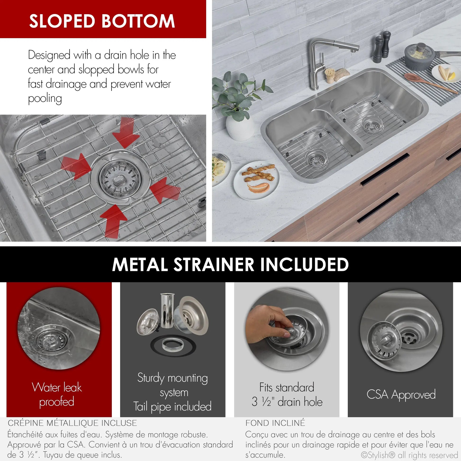 STYLISH 32 Low Divider Double Undermount and Drop-in Kitchen Sink S-202XTG - Plumbing Market