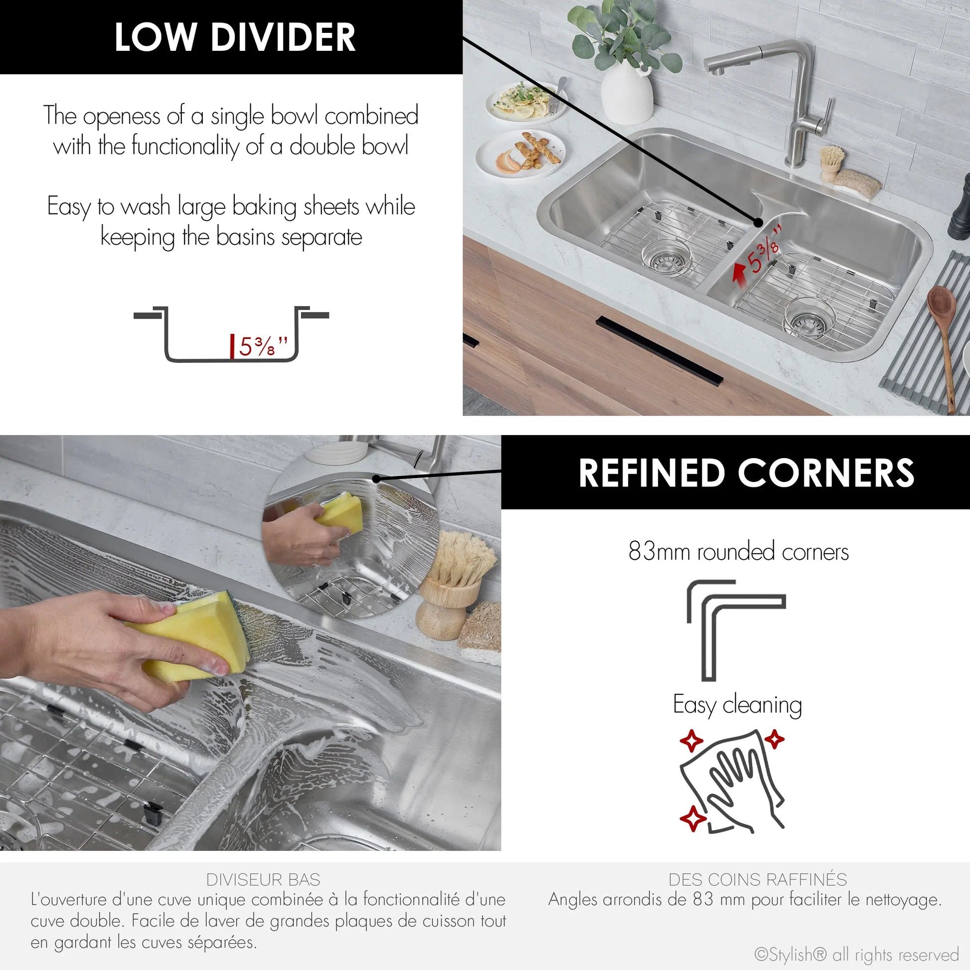 STYLISH 32 Low Divider Double Undermount and Drop-in Kitchen Sink S-202XTG - Plumbing Market