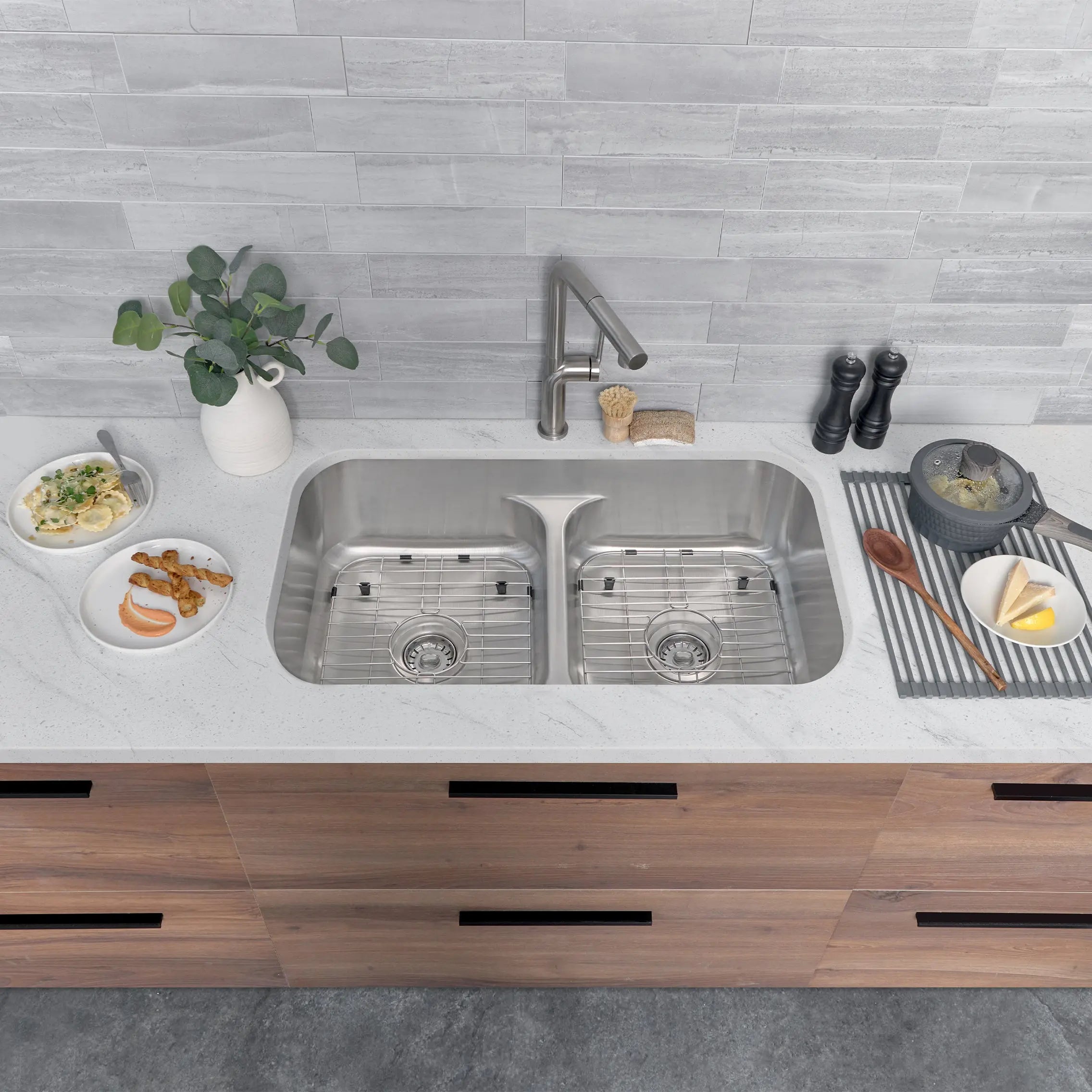 STYLISH 32 Low Divider Double Undermount and Drop-in Kitchen Sink S-202XTG - Plumbing Market