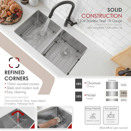 STYLISH 32 inch Double Bowl Undermount Stainless Steel Kitchen Sink S-301G - Plumbing Market