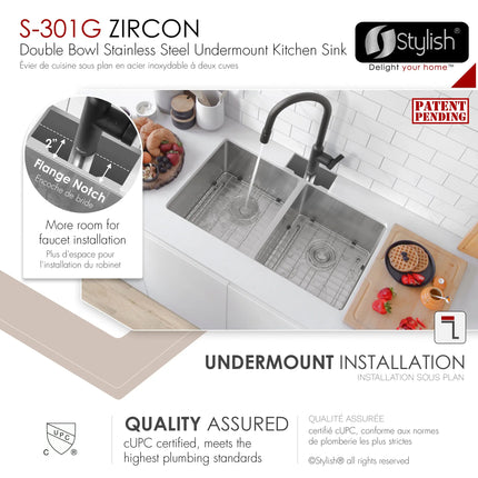 STYLISH 32 inch Double Bowl Undermount Stainless Steel Kitchen Sink S-301G - Plumbing Market