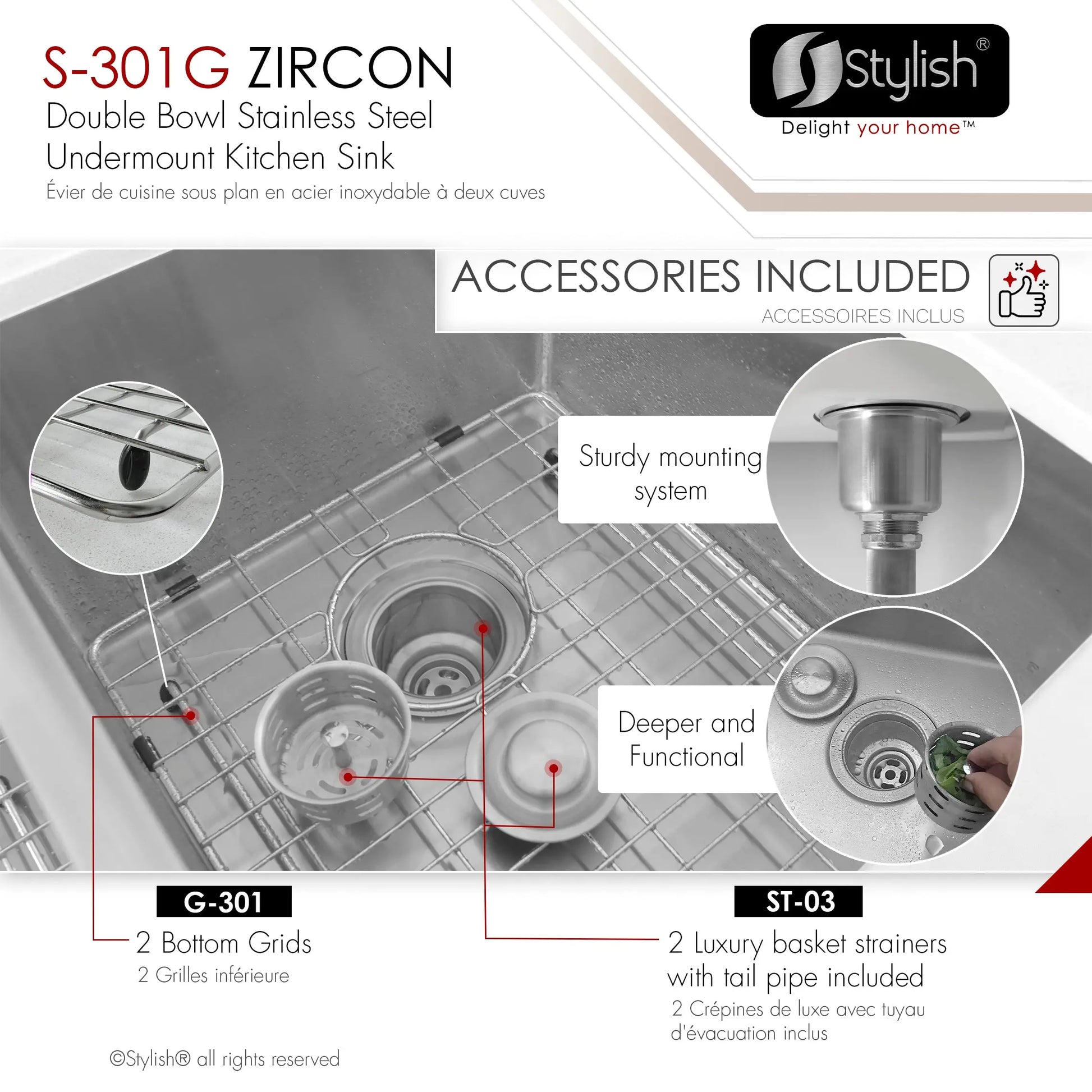 STYLISH 32 inch Double Bowl Undermount Stainless Steel Kitchen Sink S-301G - Plumbing Market