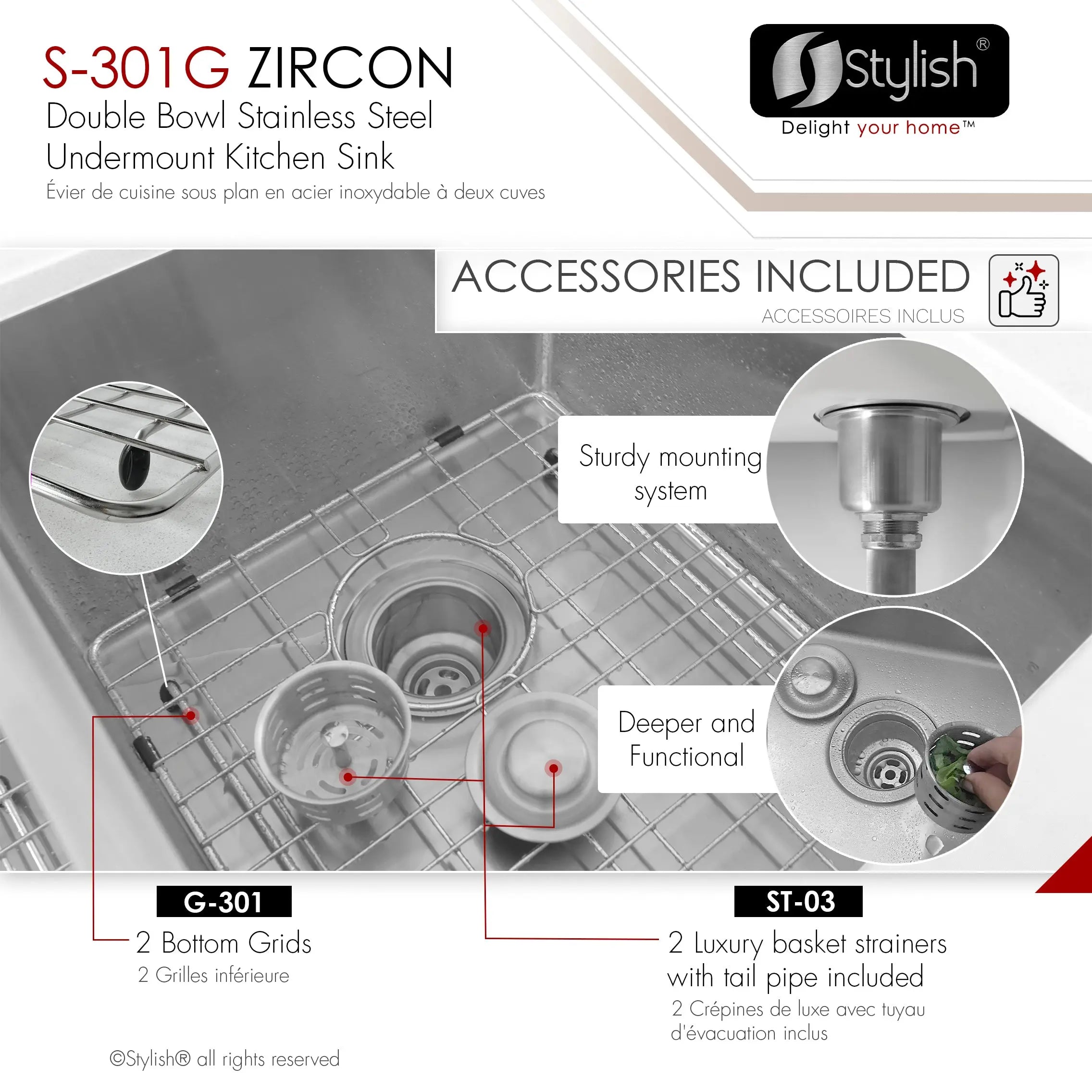 STYLISH 32 inch Double Bowl Undermount Stainless Steel Kitchen Sink S-301G - Plumbing Market