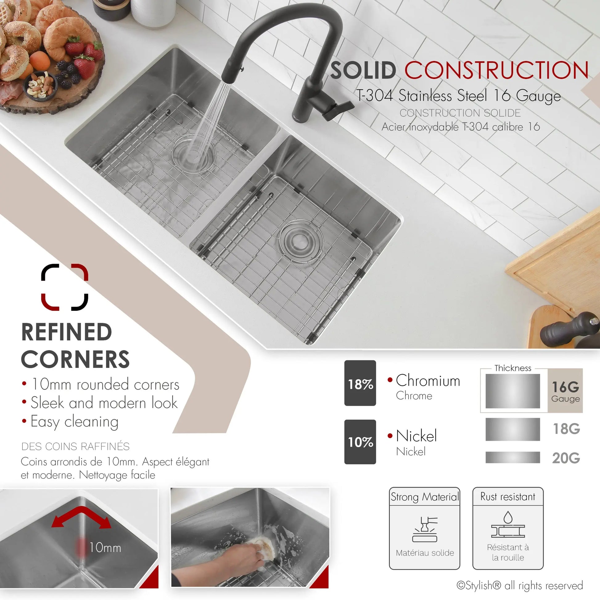 STYLISH 32 inch Double Bowl Undermount Stainless Steel Kitchen Sink S-301XG - Plumbing Market
