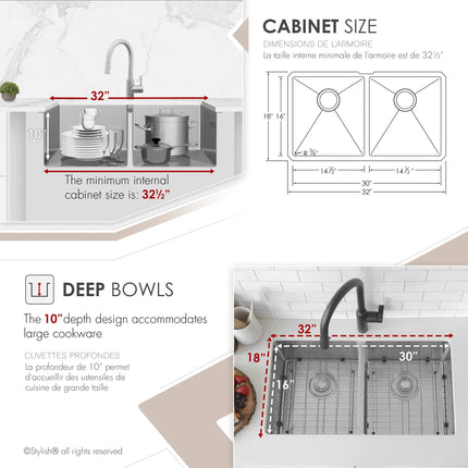 STYLISH 32 inch Double Bowl Undermount Stainless Steel Kitchen Sink S-301XG - Plumbing Market