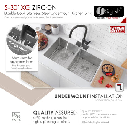 STYLISH 32 inch Double Bowl Undermount Stainless Steel Kitchen Sink S-301XG - Plumbing Market