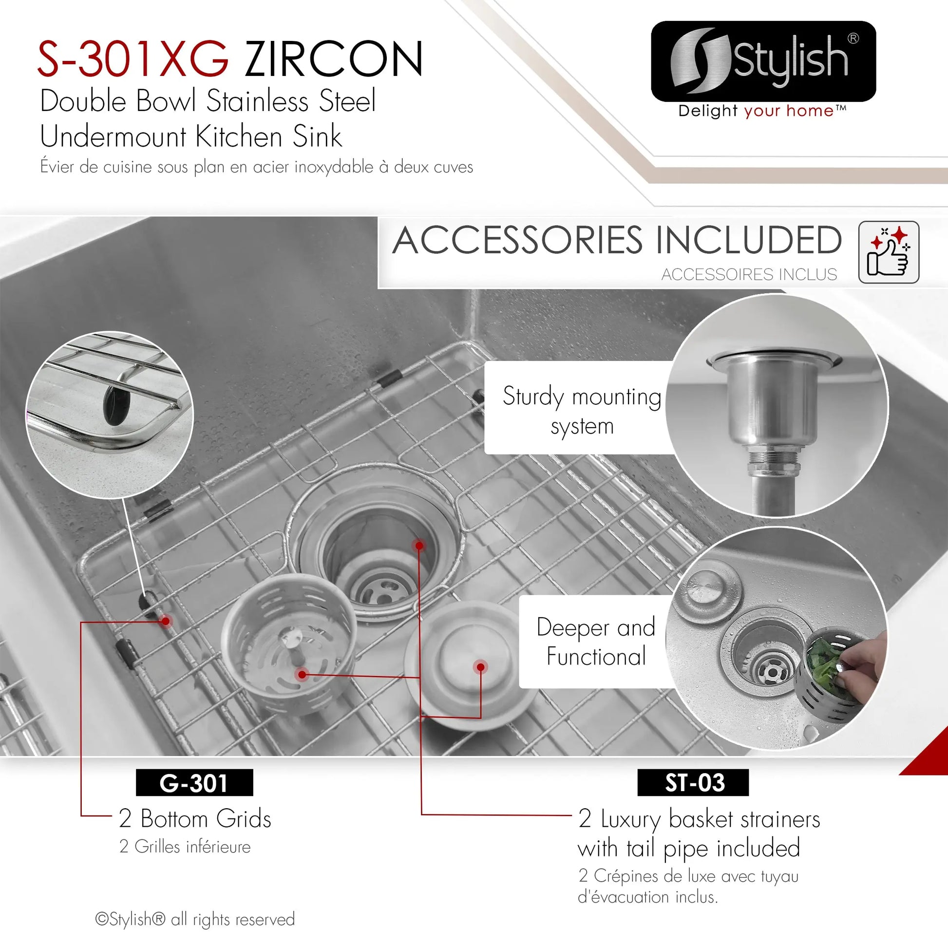STYLISH 32 inch Double Bowl Undermount Stainless Steel Kitchen Sink S-301XG - Plumbing Market