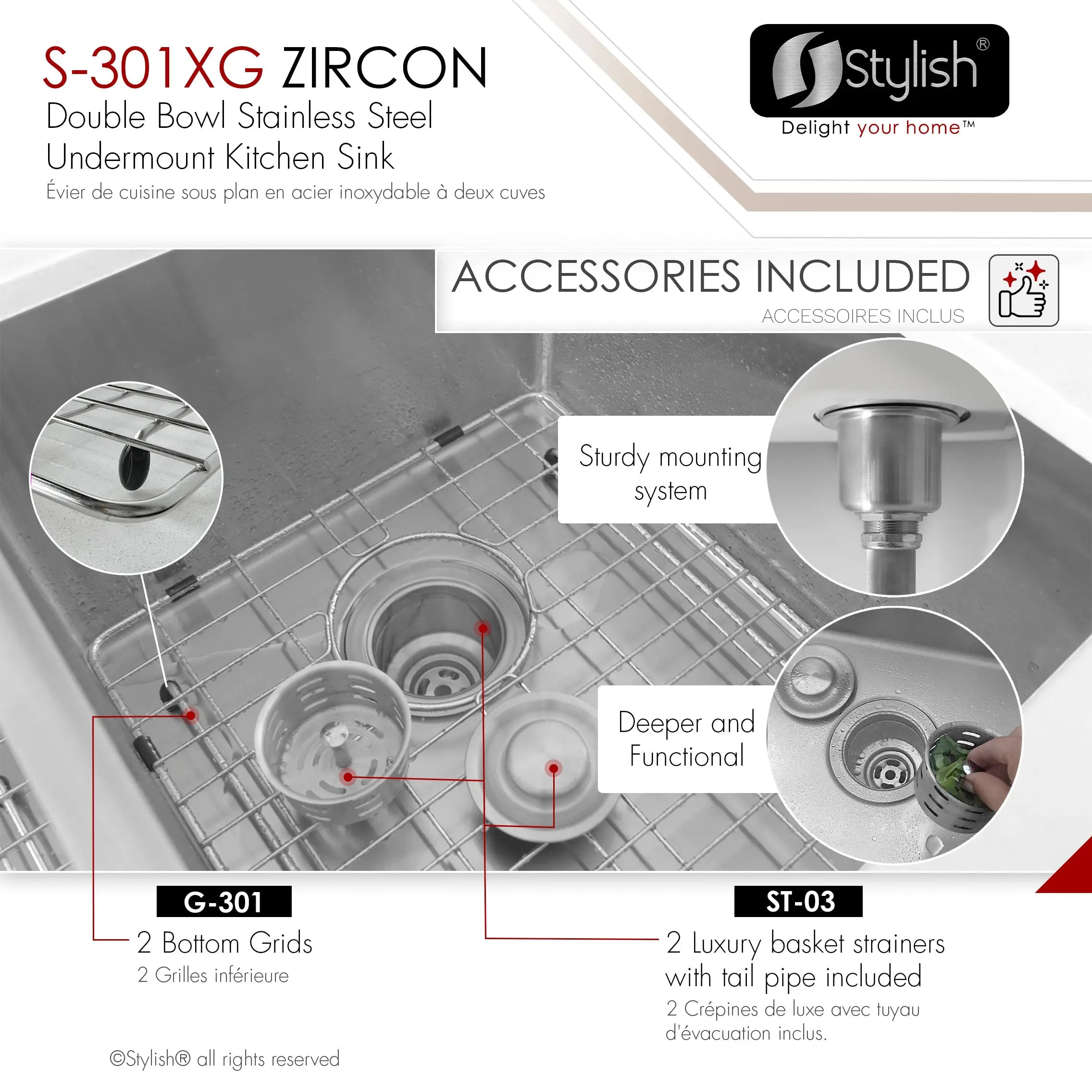 STYLISH 32 inch Double Bowl Undermount Stainless Steel Kitchen Sink S-301XG - Plumbing Market