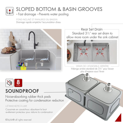 STYLISH 32 inch Double Bowl Undermount Stainless Steel Kitchen Sink S-301XG - Plumbing Market