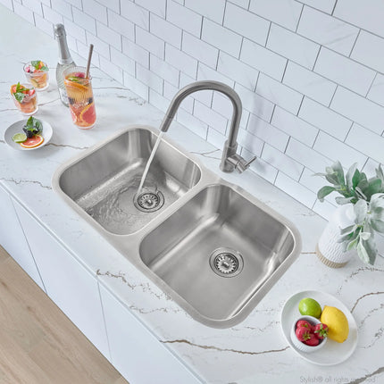 STYLISH 32 inch Double Bowl Undermount and Drop-in Stainless Steel Kitchen Sink S-200T - Plumbing Market