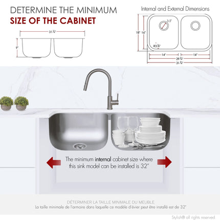 STYLISH 32 inch Double Bowl Undermount and Drop-in Stainless Steel Kitchen Sink S-200T - Plumbing Market