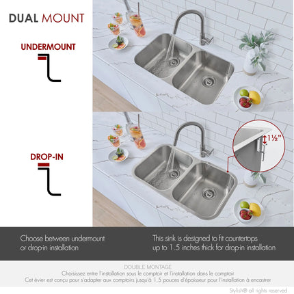 STYLISH 32 inch Double Bowl Undermount and Drop-in Stainless Steel Kitchen Sink S-200T - Plumbing Market