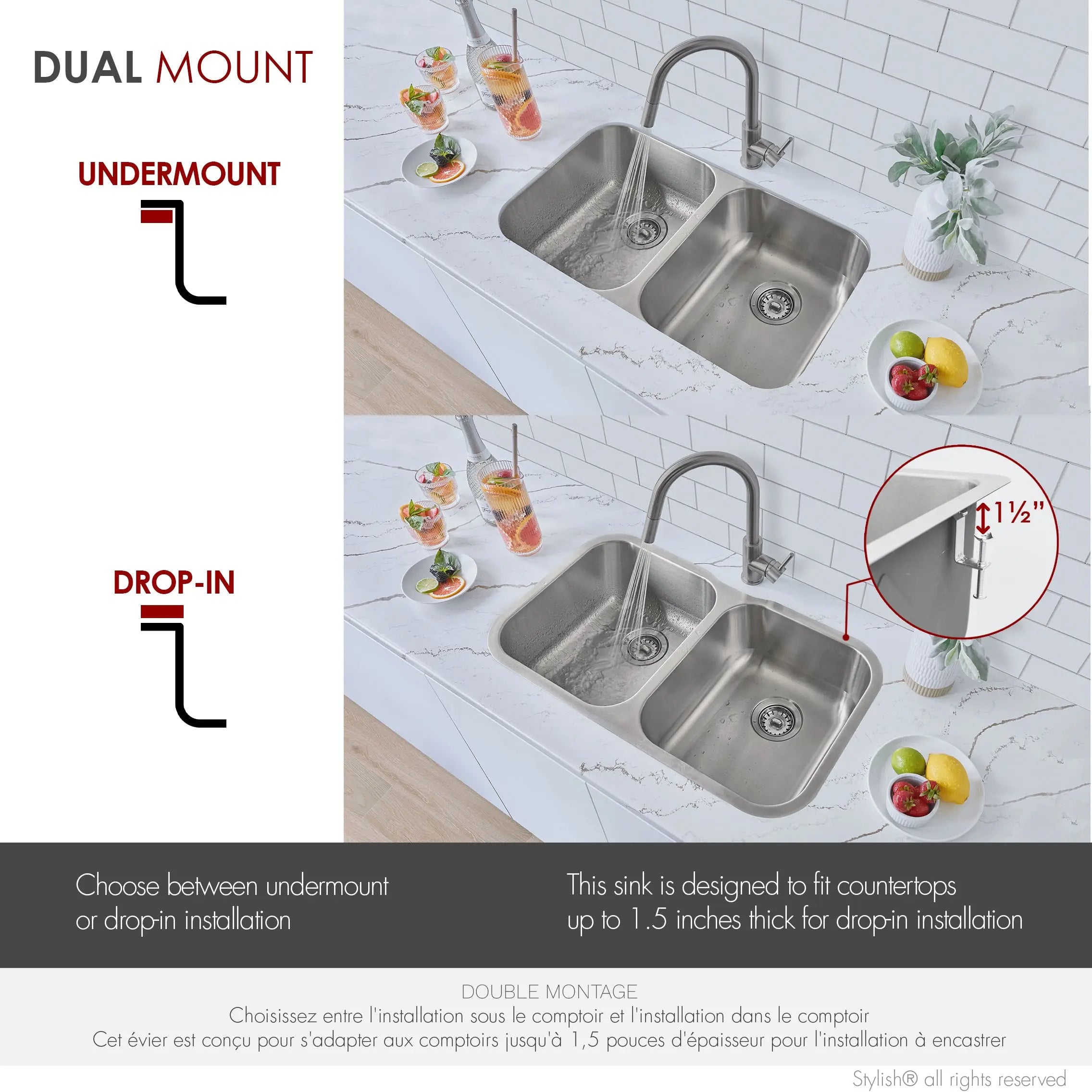 STYLISH 32 inch Double Bowl Undermount and Drop-in Stainless Steel Kitchen Sink S-200T - Plumbing Market