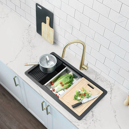 STYLISH 32 inch Dual Mount  Workstation Single Bowl Black Composite Granite Kitchen Sink with Built in Accessories S-832WN - Plumbing Market