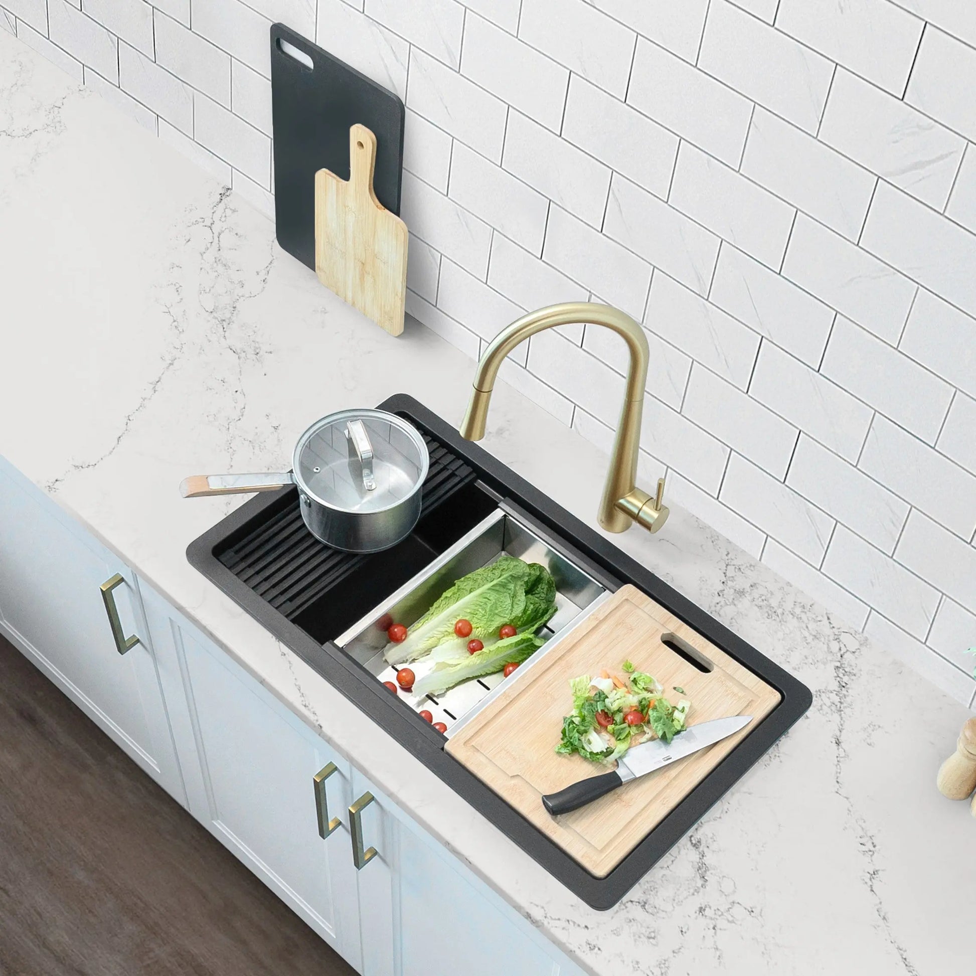 STYLISH 32 inch Dual Mount  Workstation Single Bowl Black Composite Granite Kitchen Sink with Built in Accessories S-832WN - Plumbing Market