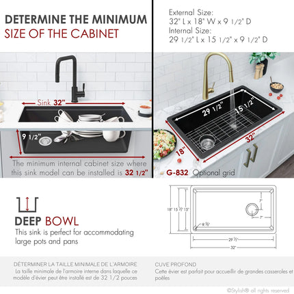 STYLISH 32 inch Dual Mount  Workstation Single Bowl Black Composite Granite Kitchen Sink with Built in Accessories S-832WN - Plumbing Market