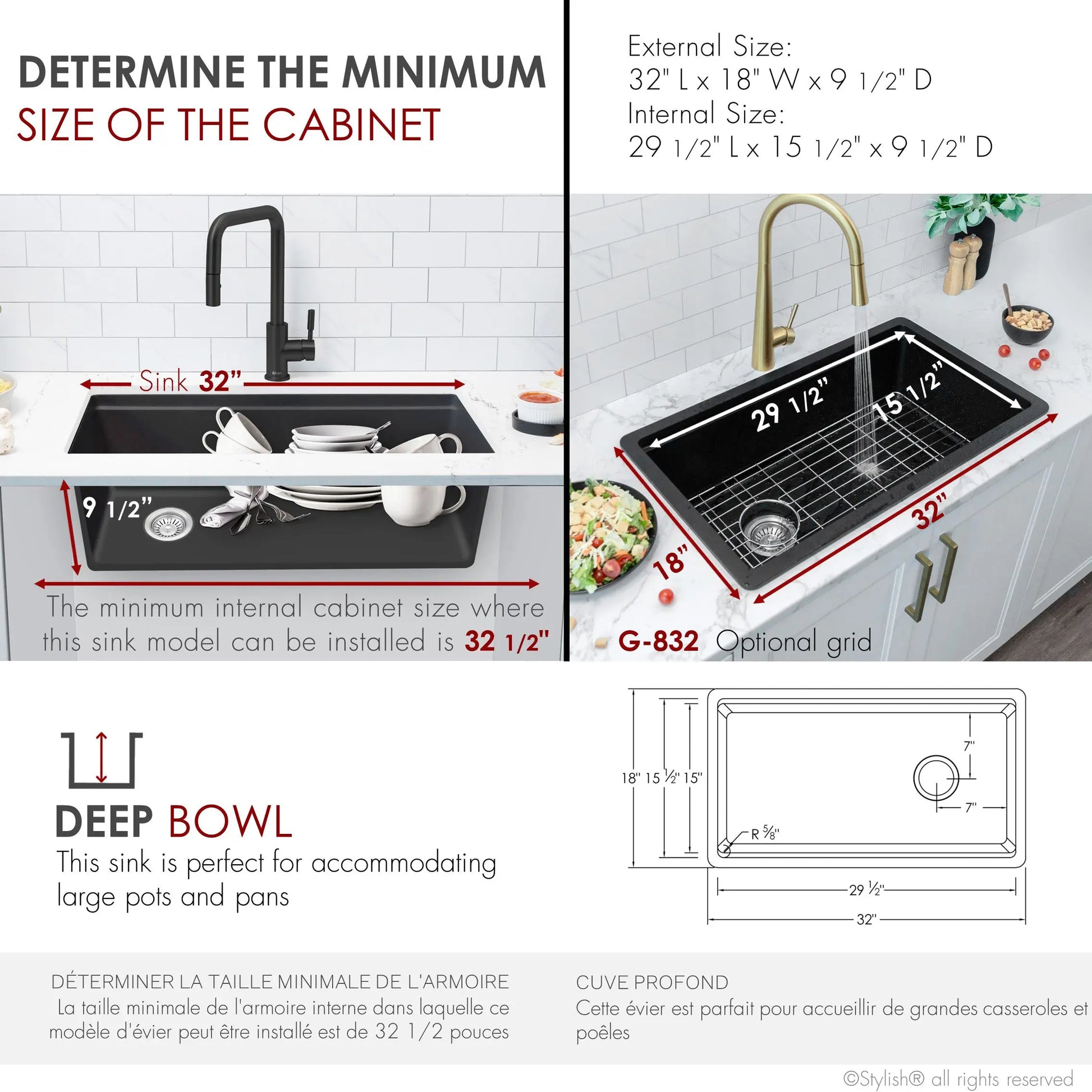 STYLISH 32 inch Dual Mount  Workstation Single Bowl Black Composite Granite Kitchen Sink with Built in Accessories S-832WN - Plumbing Market