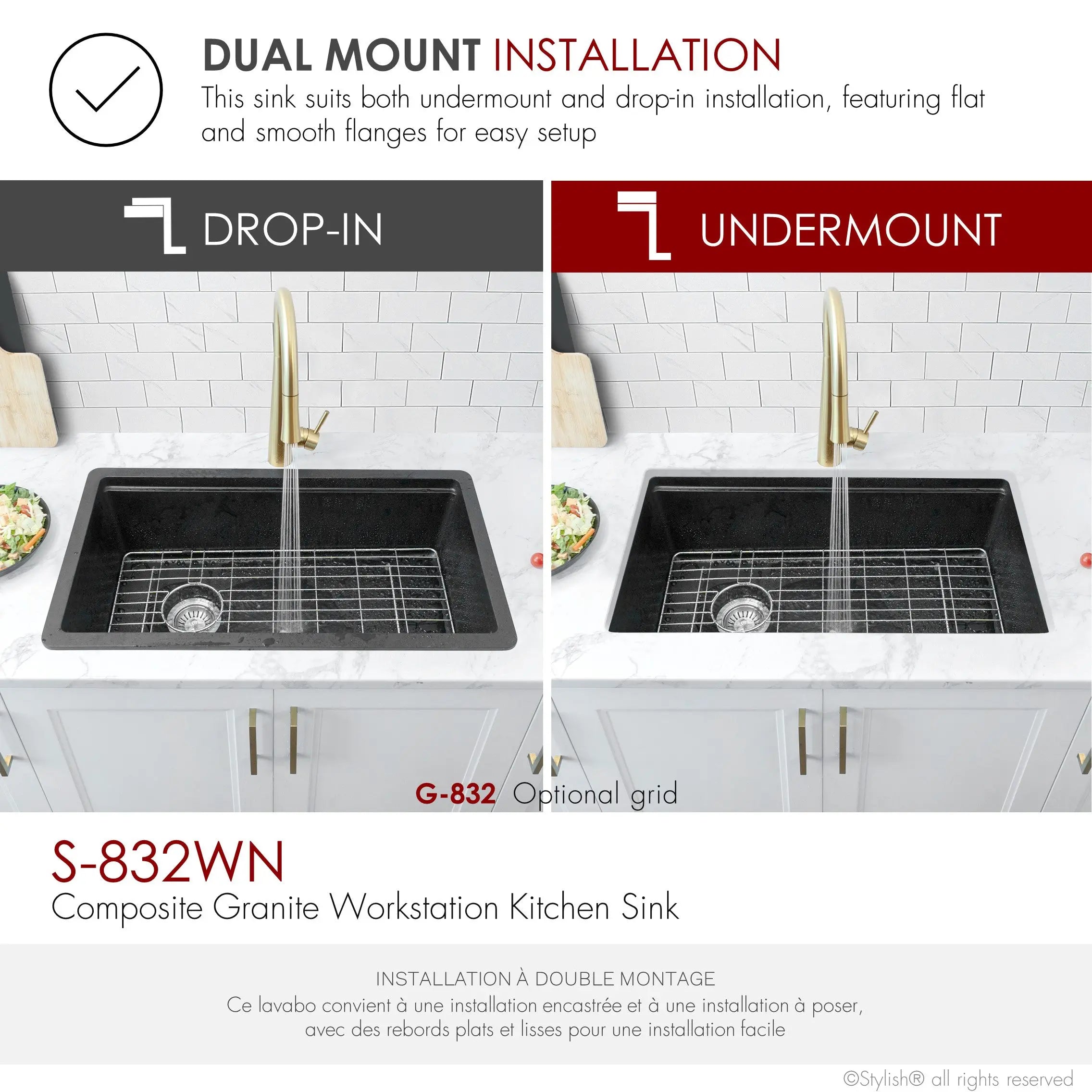 STYLISH 32 inch Dual Mount  Workstation Single Bowl Black Composite Granite Kitchen Sink with Built in Accessories S-832WN - Plumbing Market