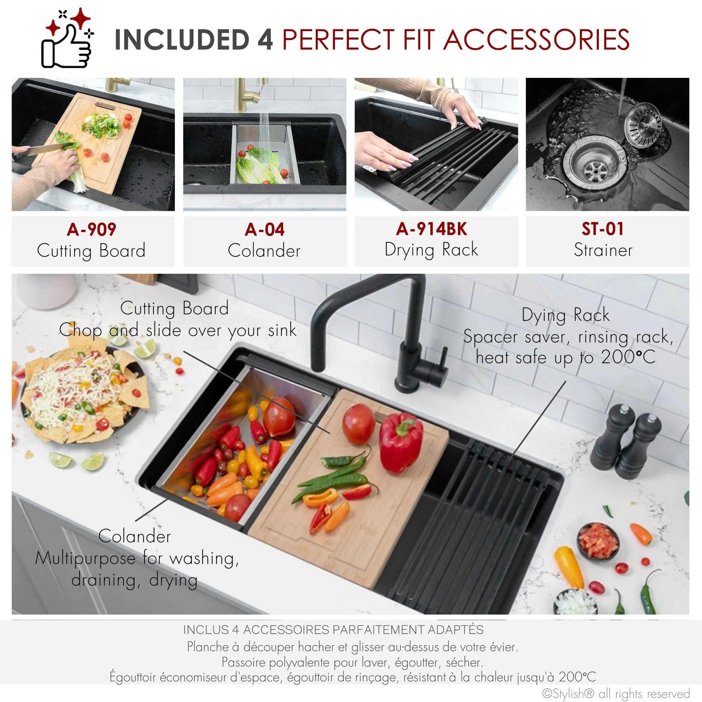 STYLISH 32 inch Dual Mount  Workstation Single Bowl Black Composite Granite Kitchen Sink with Built in Accessories S-832WN - Plumbing Market
