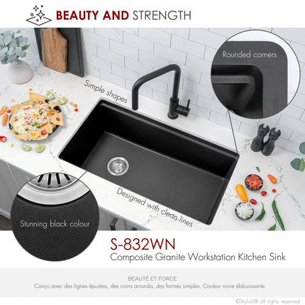 STYLISH 32 inch Dual Mount  Workstation Single Bowl Black Composite Granite Kitchen Sink with Built in Accessories S-832WN - Plumbing Market