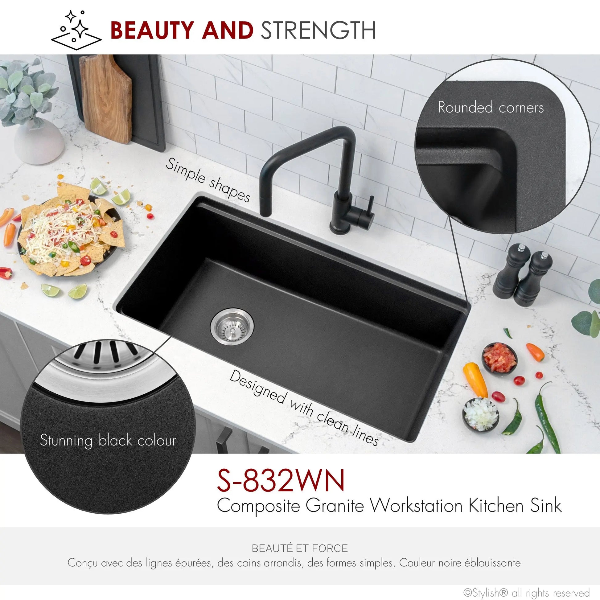 STYLISH 32 inch Dual Mount  Workstation Single Bowl Black Composite Granite Kitchen Sink with Built in Accessories S-832WN - Plumbing Market