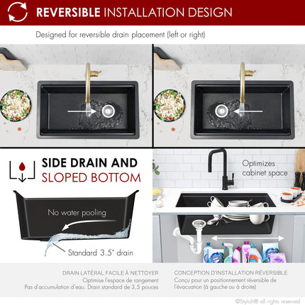 STYLISH 32 inch Dual Mount  Workstation Single Bowl Black Composite Granite Kitchen Sink with Built in Accessories S-832WN - Plumbing Market