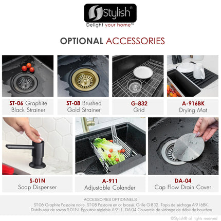 STYLISH 32 inch Dual Mount  Workstation Single Bowl Black Composite Granite Kitchen Sink with Built in Accessories S-832WN - Plumbing Market