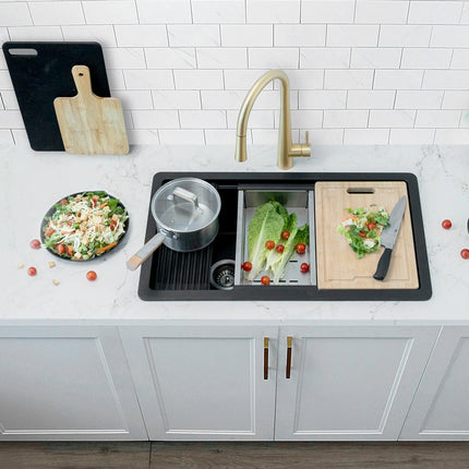 STYLISH 32 inch Dual Mount  Workstation Single Bowl Black Composite Granite Kitchen Sink with Built in Accessories S-832WN - Plumbing Market