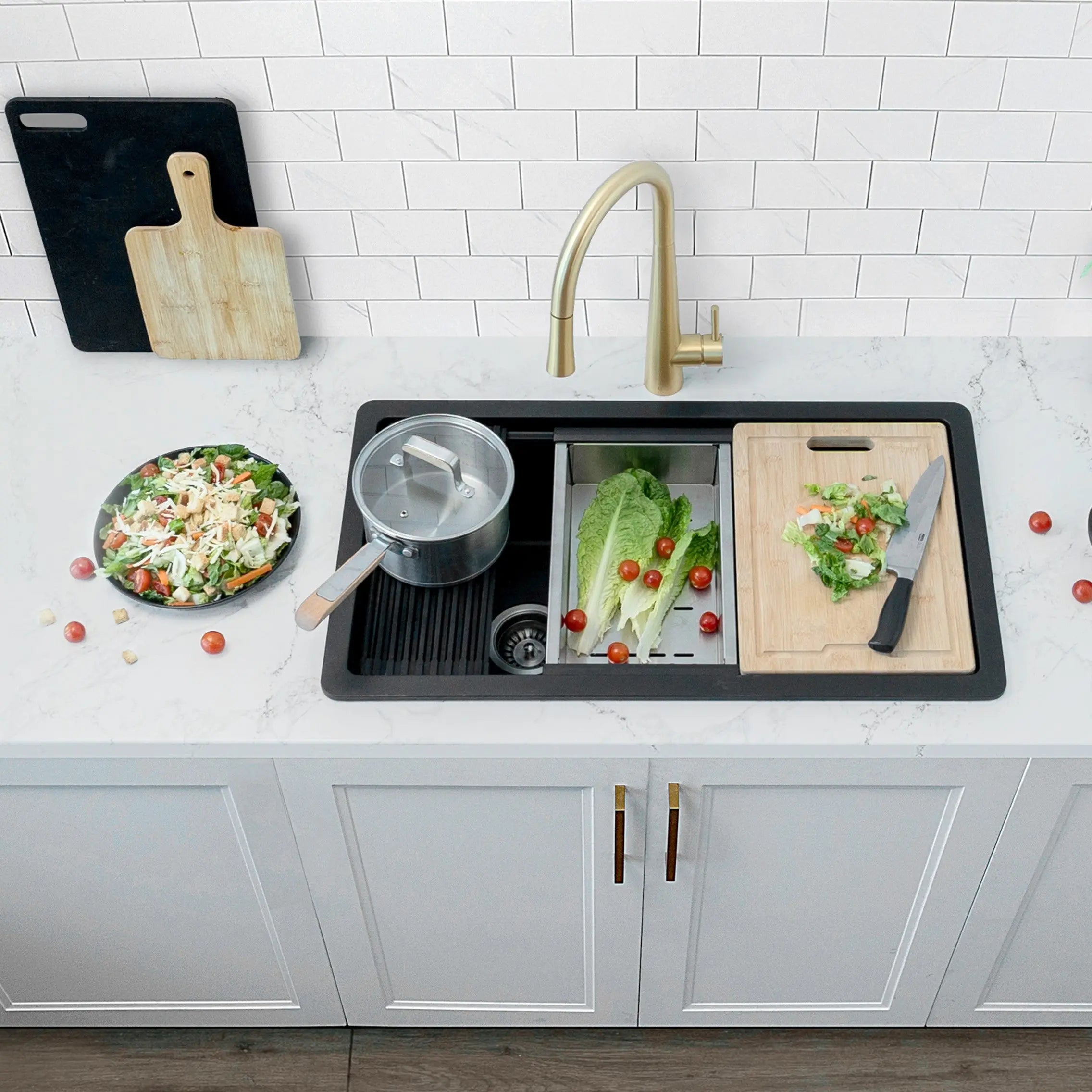 STYLISH 32 inch Dual Mount  Workstation Single Bowl Black Composite Granite Kitchen Sink with Built in Accessories S-832WN - Plumbing Market