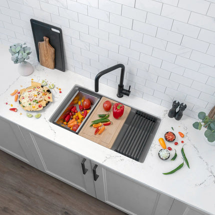 STYLISH 32 inch Dual Mount  Workstation Single Bowl Gray Composite Granite Kitchen Sink with Built in Accessories S-832WL - Plumbing Market