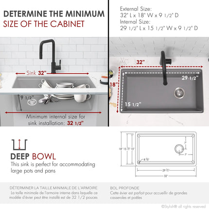 STYLISH 32 inch Dual Mount  Workstation Single Bowl Gray Composite Granite Kitchen Sink with Built in Accessories S-832WL - Plumbing Market
