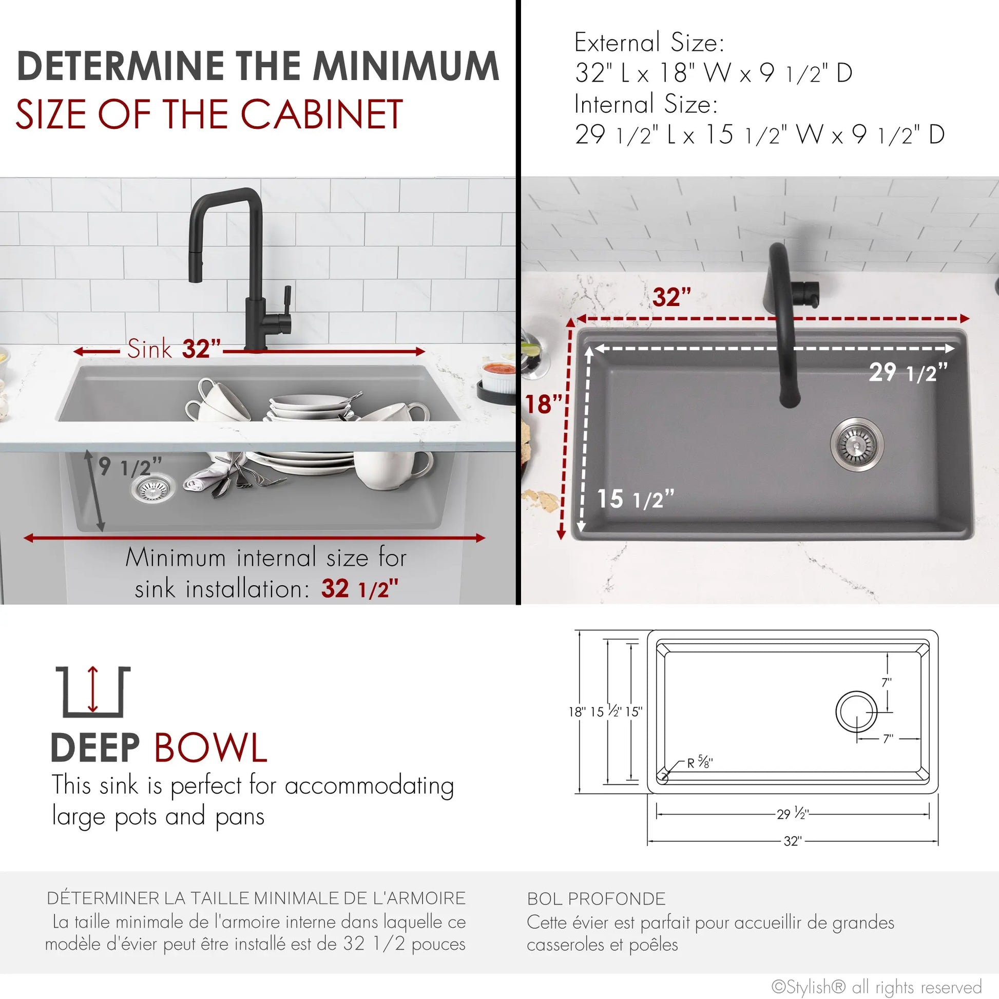 STYLISH 32 inch Dual Mount  Workstation Single Bowl Gray Composite Granite Kitchen Sink with Built in Accessories S-832WL - Plumbing Market
