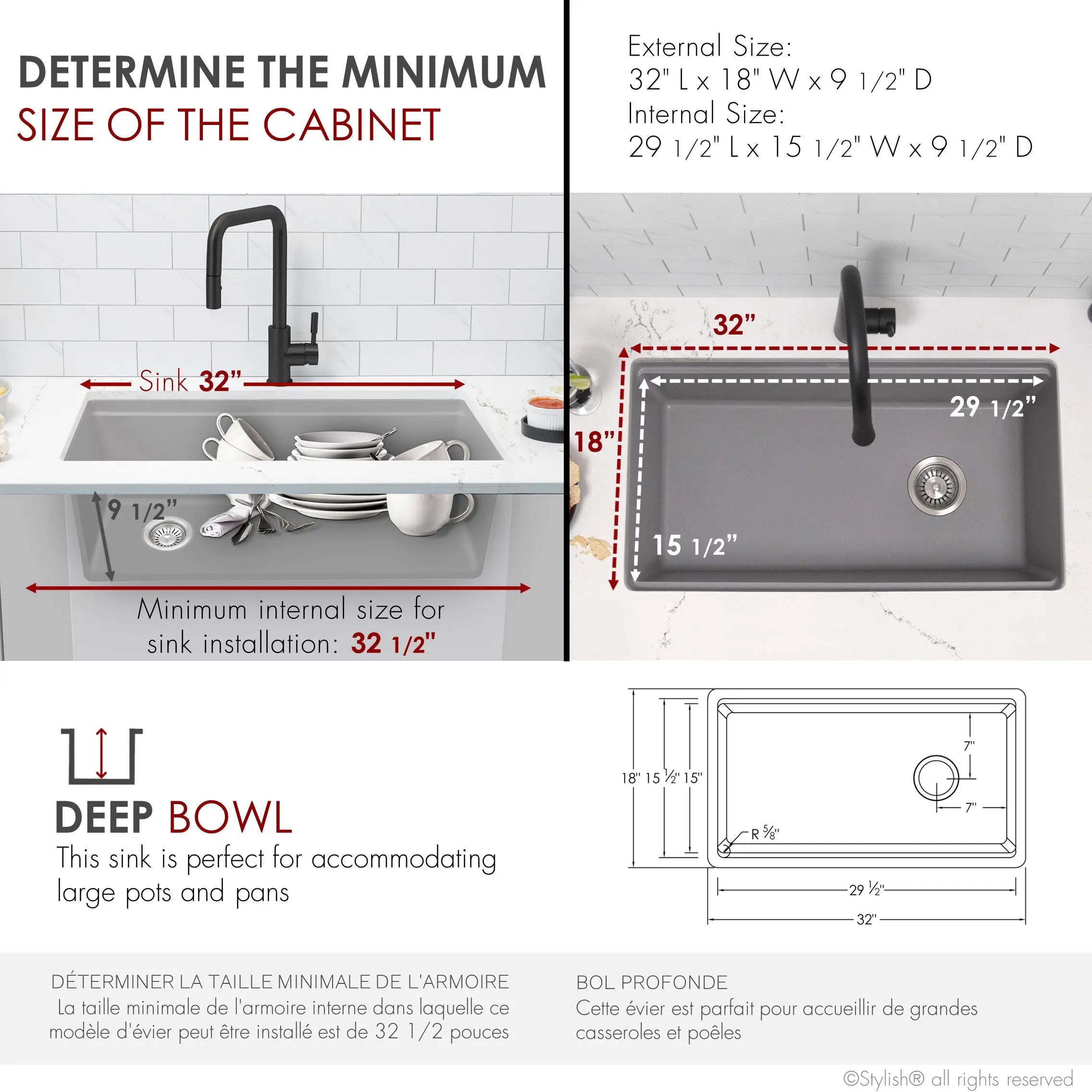 STYLISH 32 inch Dual Mount  Workstation Single Bowl Gray Composite Granite Kitchen Sink with Built in Accessories S-832WL - Plumbing Market