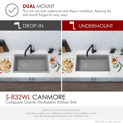 STYLISH 32 inch Dual Mount  Workstation Single Bowl Gray Composite Granite Kitchen Sink with Built in Accessories S-832WL - Plumbing Market