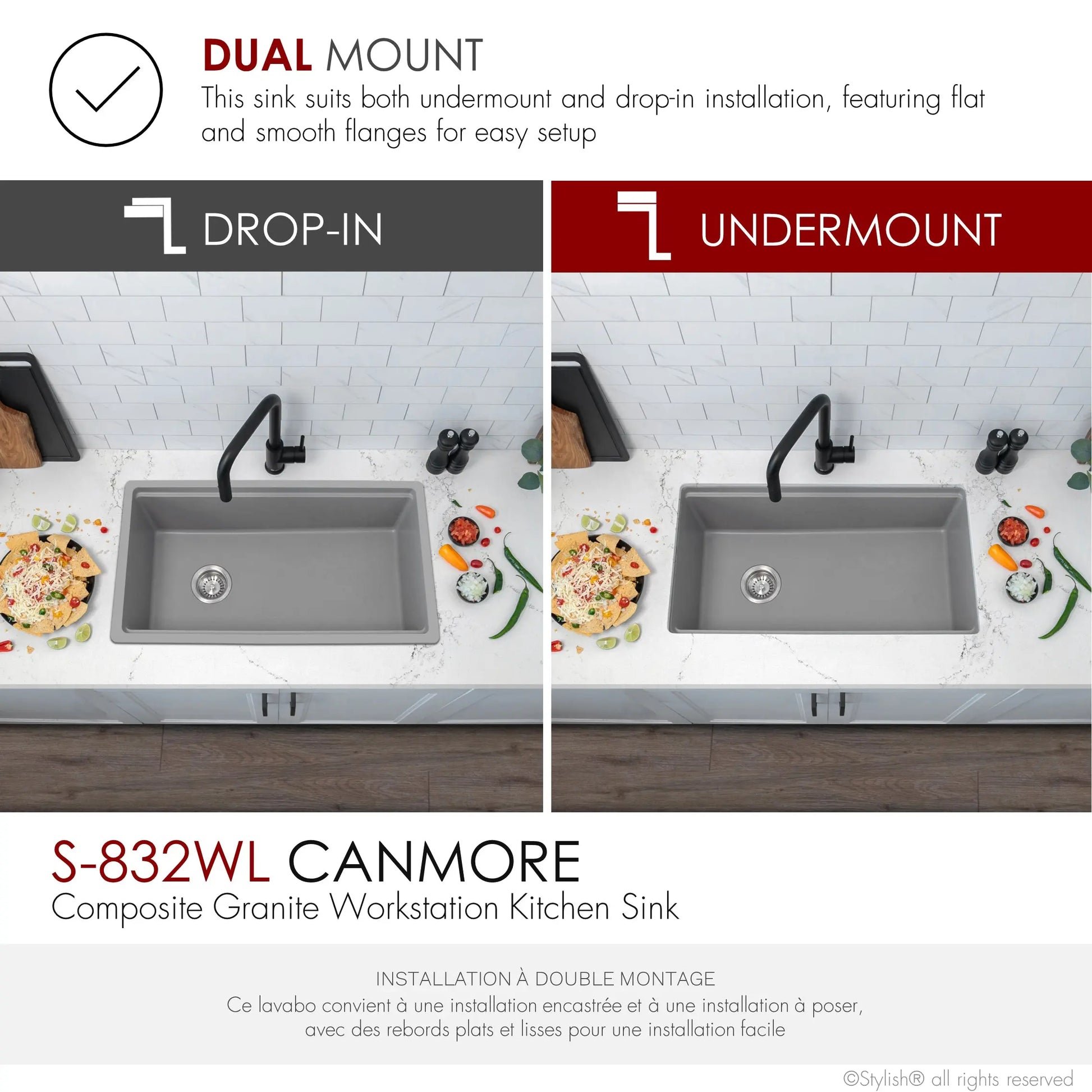 STYLISH 32 inch Dual Mount  Workstation Single Bowl Gray Composite Granite Kitchen Sink with Built in Accessories S-832WL - Plumbing Market