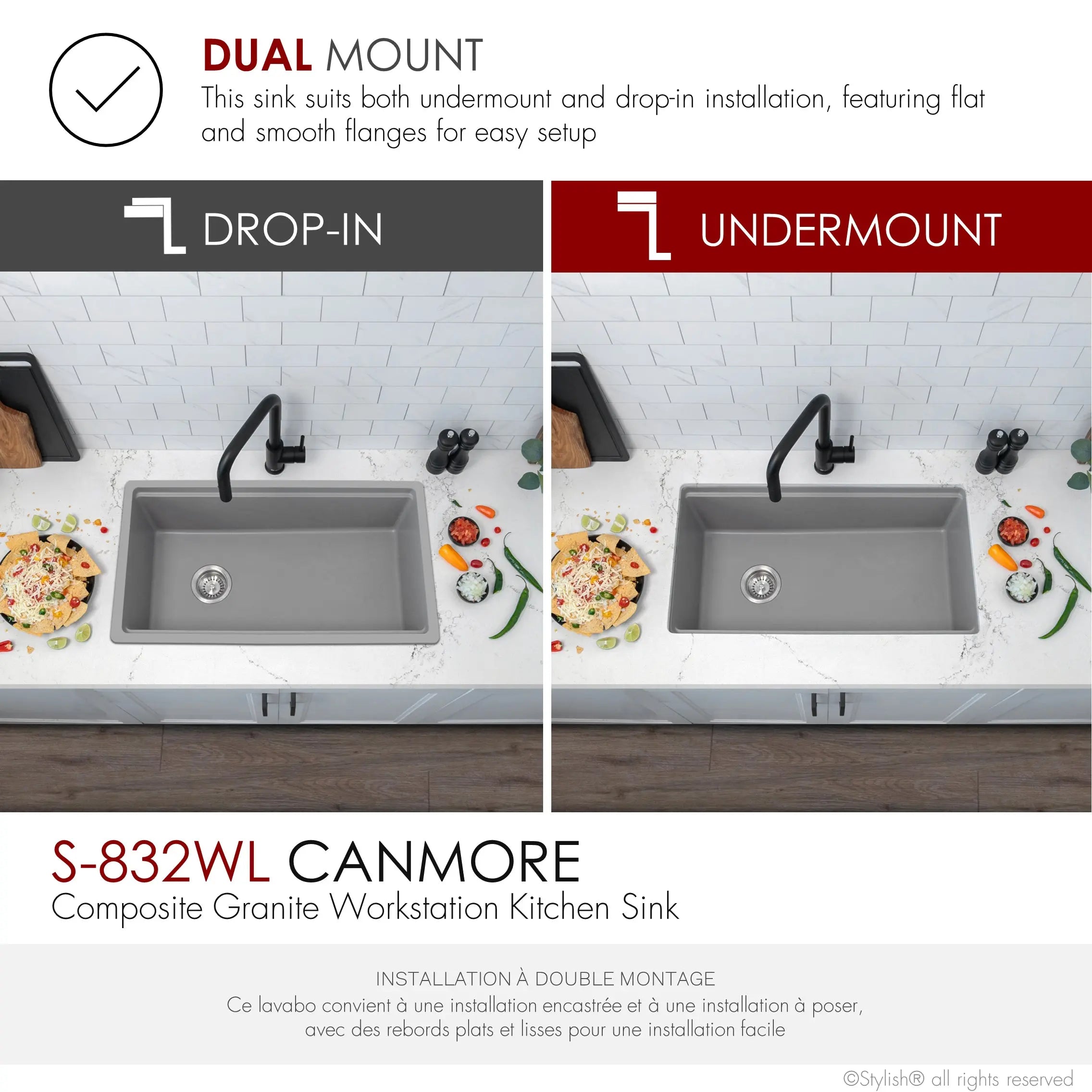 STYLISH 32 inch Dual Mount  Workstation Single Bowl Gray Composite Granite Kitchen Sink with Built in Accessories S-832WL - Plumbing Market
