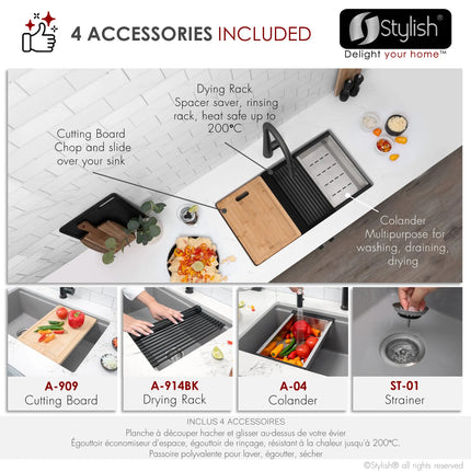 STYLISH 32 inch Dual Mount  Workstation Single Bowl Gray Composite Granite Kitchen Sink with Built in Accessories S-832WL - Plumbing Market