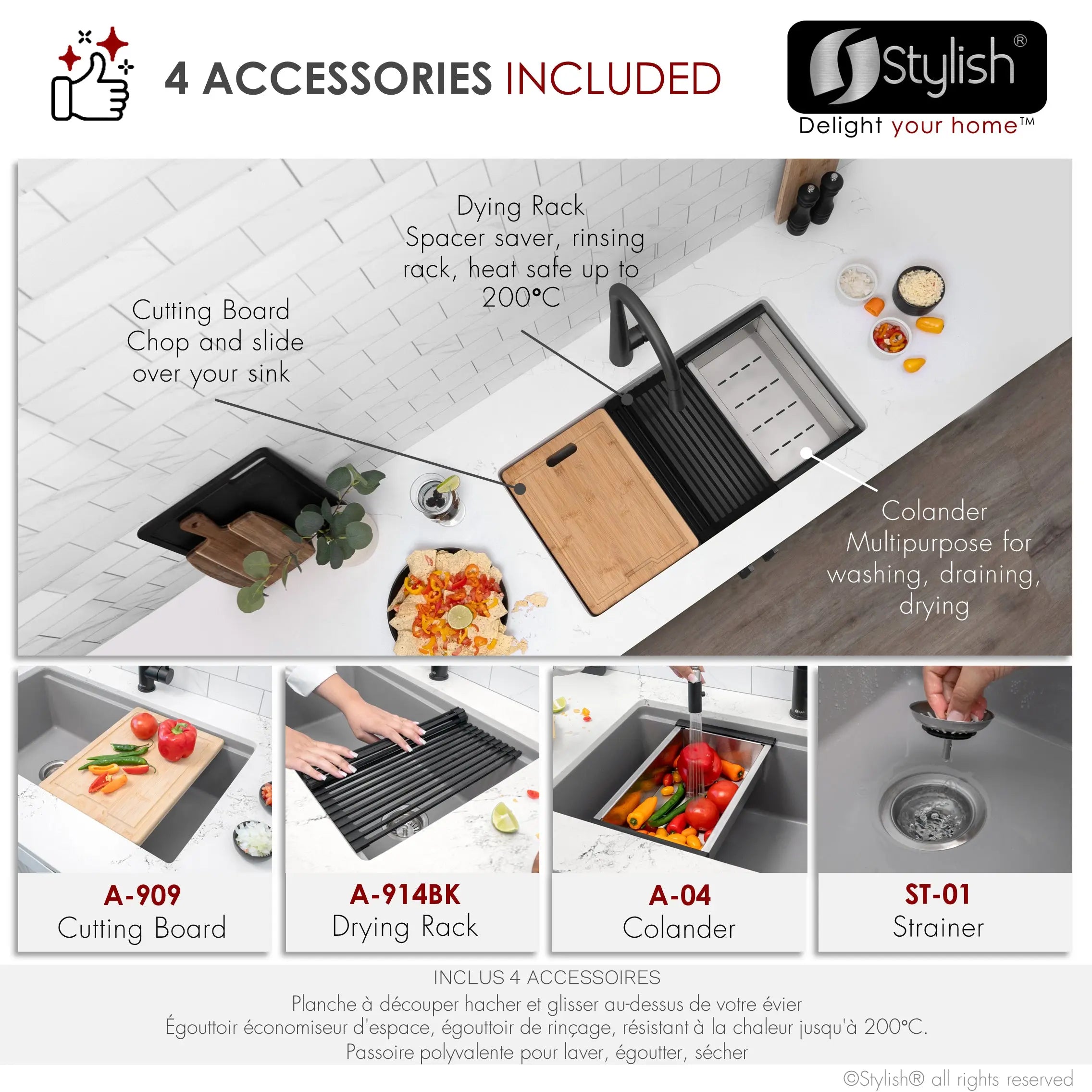 STYLISH 32 inch Dual Mount  Workstation Single Bowl Gray Composite Granite Kitchen Sink with Built in Accessories S-832WL - Plumbing Market