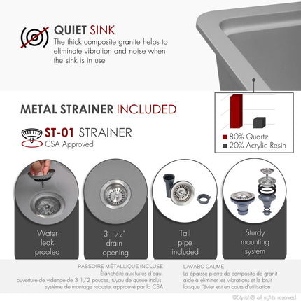 STYLISH 32 inch Dual Mount  Workstation Single Bowl Gray Composite Granite Kitchen Sink with Built in Accessories S-832WL - Plumbing Market