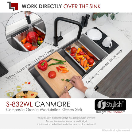 STYLISH 32 inch Dual Mount  Workstation Single Bowl Gray Composite Granite Kitchen Sink with Built in Accessories S-832WL - Plumbing Market