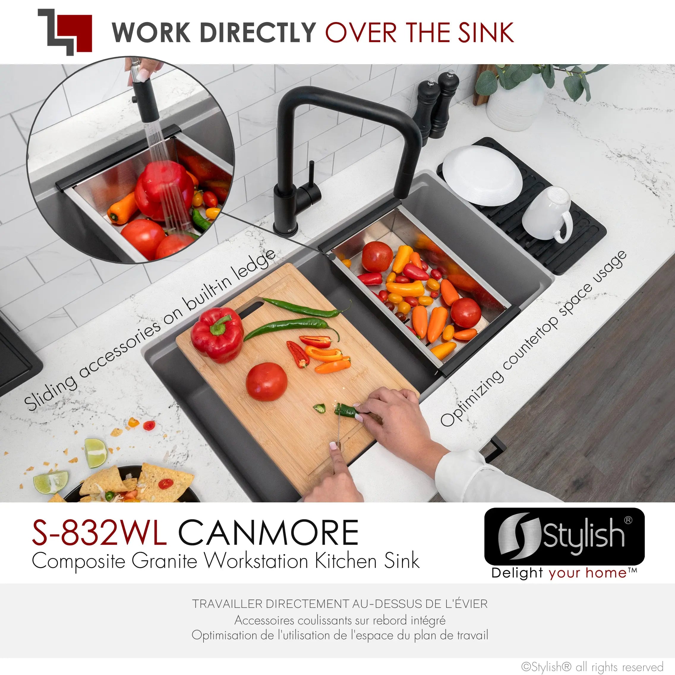 STYLISH 32 inch Dual Mount  Workstation Single Bowl Gray Composite Granite Kitchen Sink with Built in Accessories S-832WL - Plumbing Market