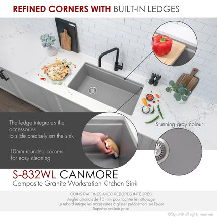 STYLISH 32 inch Dual Mount  Workstation Single Bowl Gray Composite Granite Kitchen Sink with Built in Accessories S-832WL - Plumbing Market