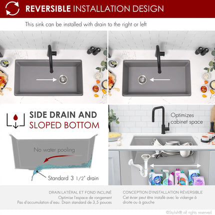 STYLISH 32 inch Dual Mount  Workstation Single Bowl Gray Composite Granite Kitchen Sink with Built in Accessories S-832WL - Plumbing Market