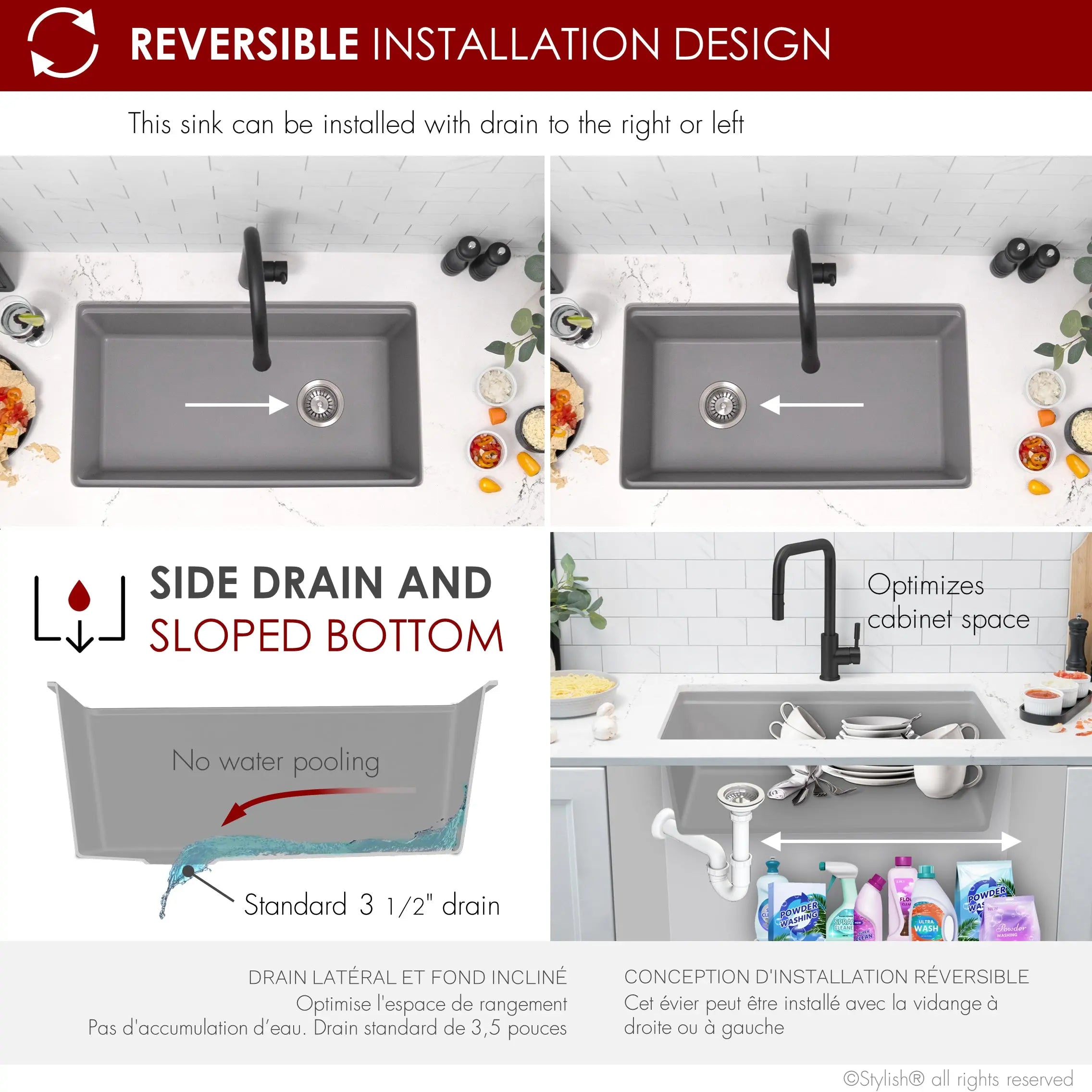 STYLISH 32 inch Dual Mount  Workstation Single Bowl Gray Composite Granite Kitchen Sink with Built in Accessories S-832WL - Plumbing Market