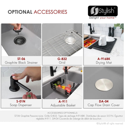 STYLISH 32 inch Dual Mount  Workstation Single Bowl Gray Composite Granite Kitchen Sink with Built in Accessories S-832WL - Plumbing Market