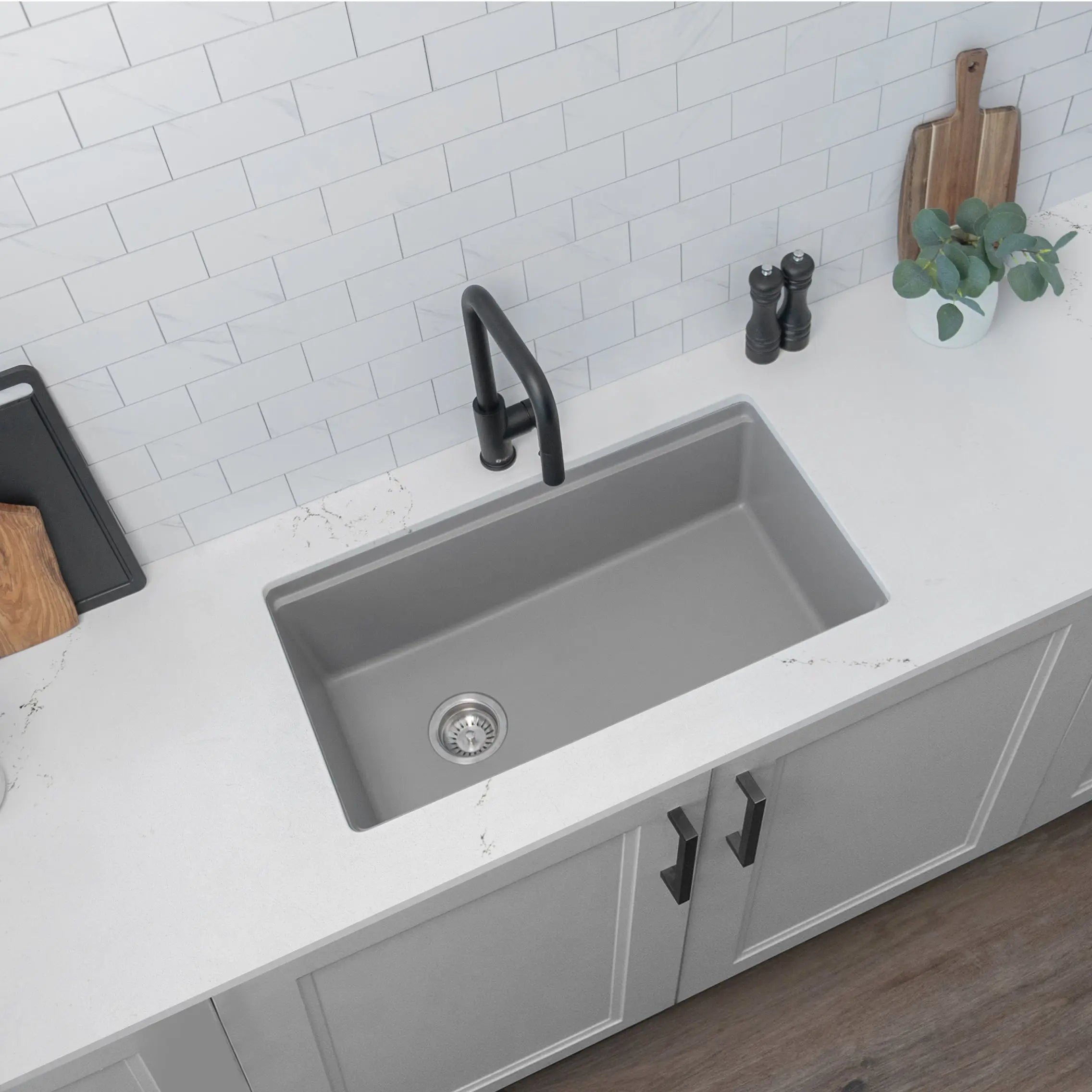 STYLISH 32 inch Dual Mount  Workstation Single Bowl Gray Composite Granite Kitchen Sink with Built in Accessories S-832WL - Plumbing Market