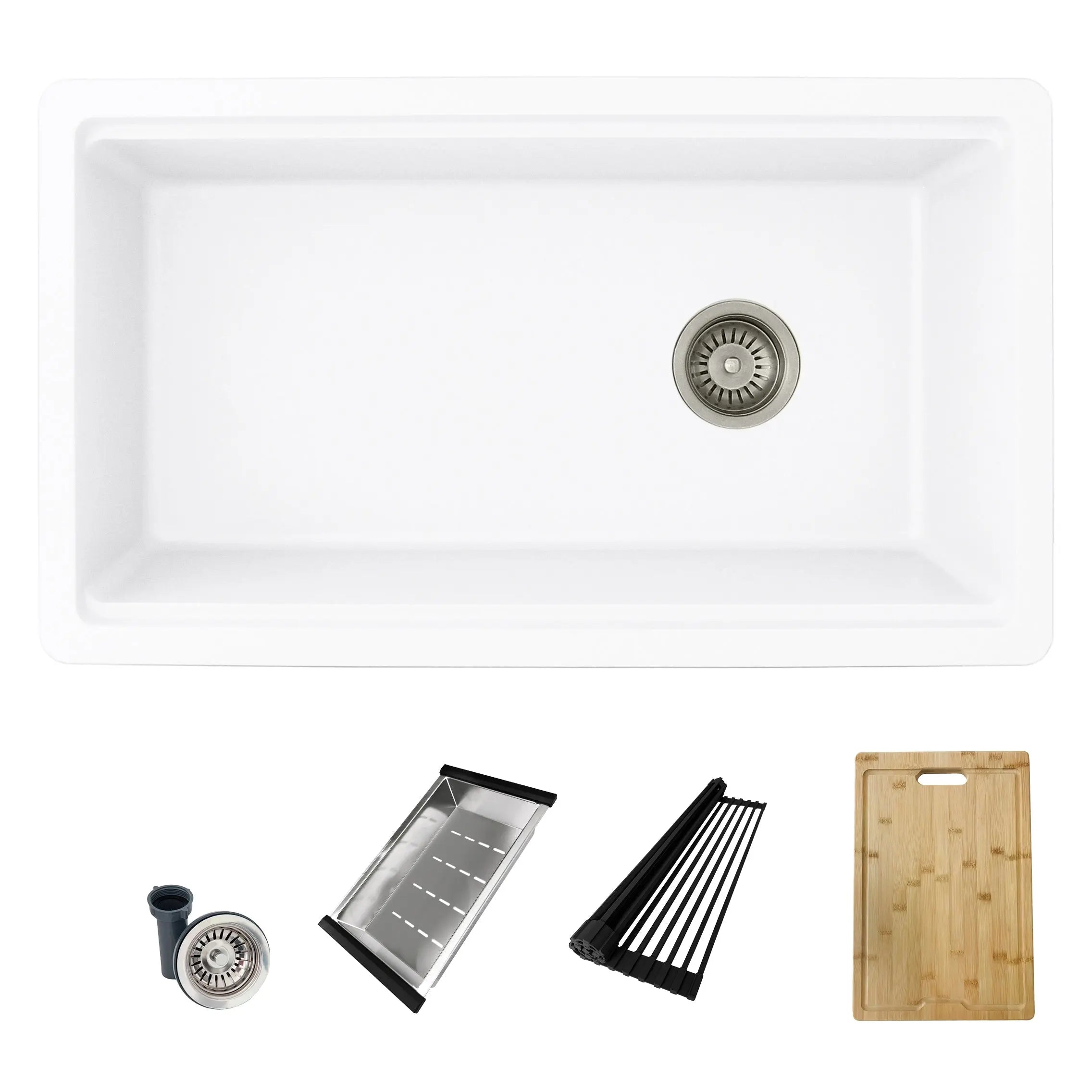 STYLISH 32 inch Dual Mount  Workstation Single Bowl White Composite Granite Kitchen Sink with Built in Accessories S-832WH - Plumbing Market
