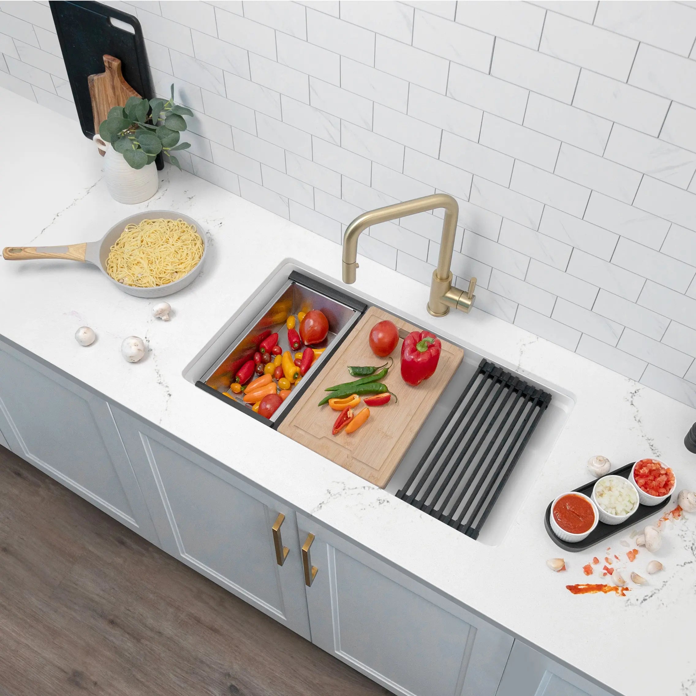 STYLISH 32 inch Dual Mount  Workstation Single Bowl White Composite Granite Kitchen Sink with Built in Accessories S-832WH - Plumbing Market