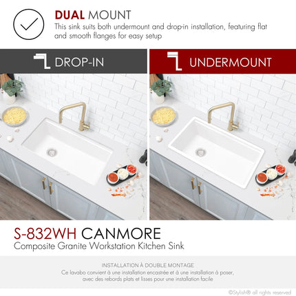 STYLISH 32 inch Dual Mount  Workstation Single Bowl White Composite Granite Kitchen Sink with Built in Accessories S-832WH - Plumbing Market