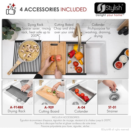 STYLISH 32 inch Dual Mount  Workstation Single Bowl White Composite Granite Kitchen Sink with Built in Accessories S-832WH - Plumbing Market